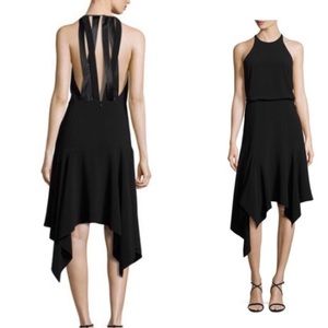 Halston Heritage black strappy cut out back high low midi dress, size 2